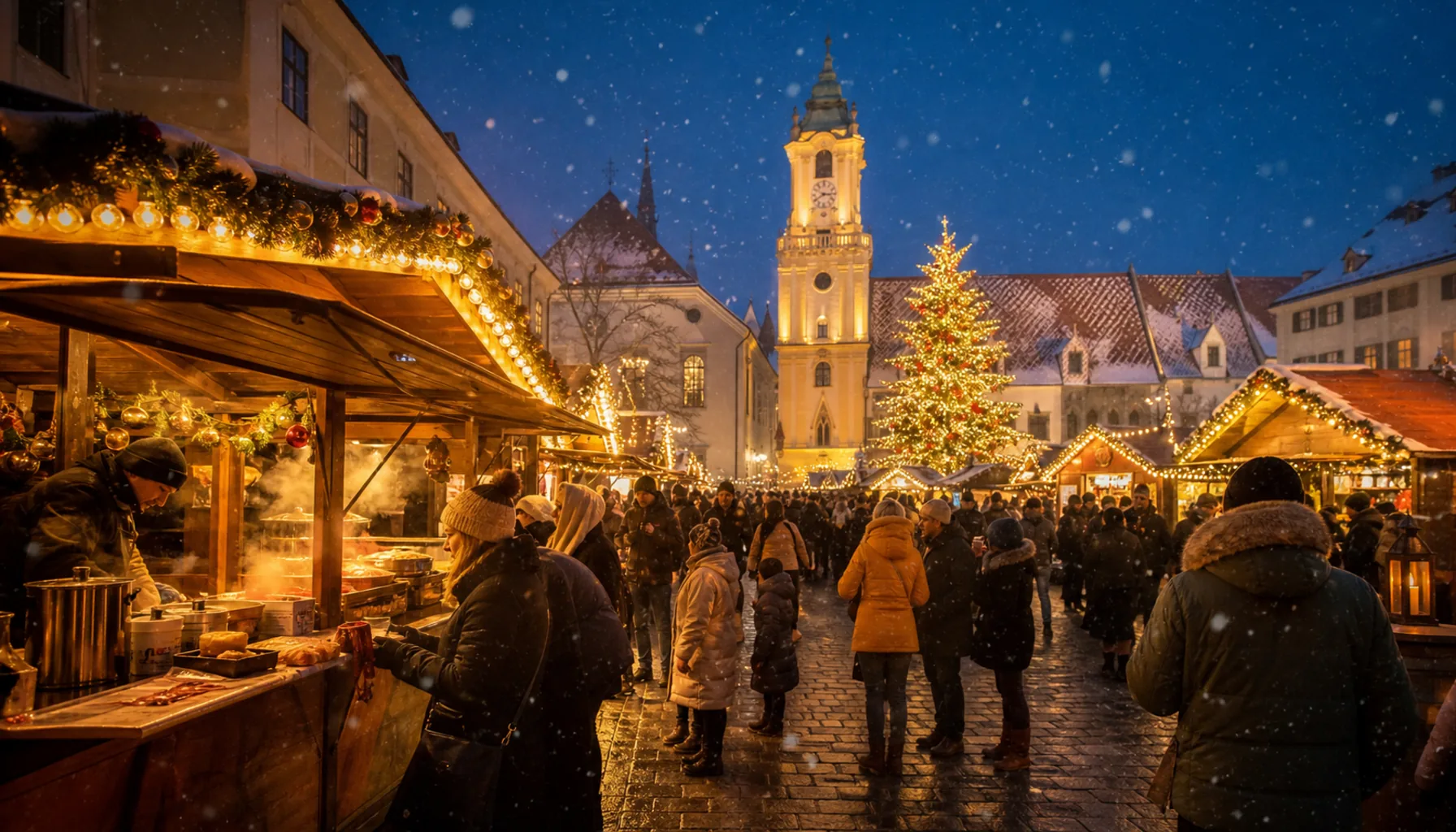 Christmas stalls glowing across Hlavné námestie in Bratislava's Old Town
