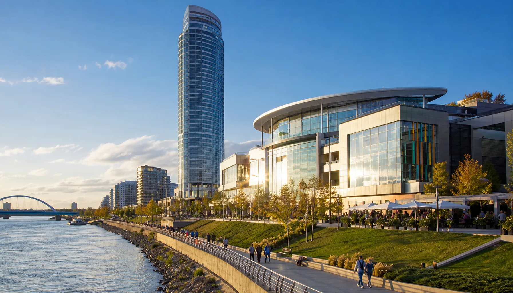 Evening on the Eurovea promenade, Eurovea Tower rising over the Danube