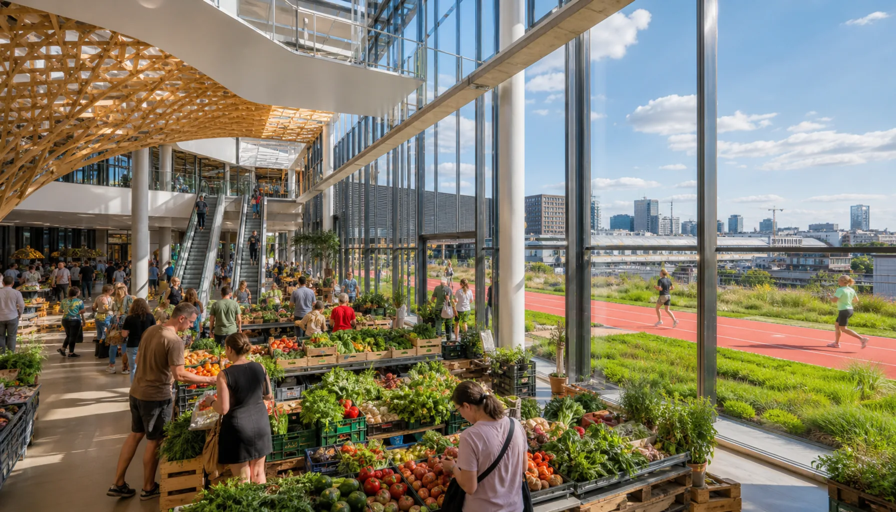 Produce stalls inside the Nivy market hall, beneath the public roof garden