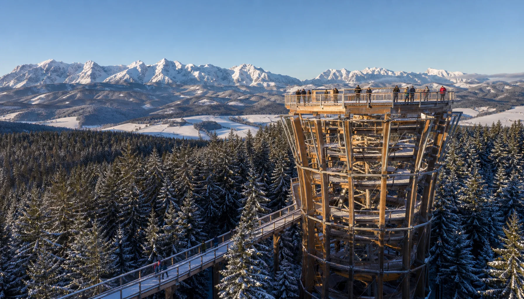 Winter at Bachledka, the Treetop Walk rising above the snowy canopy