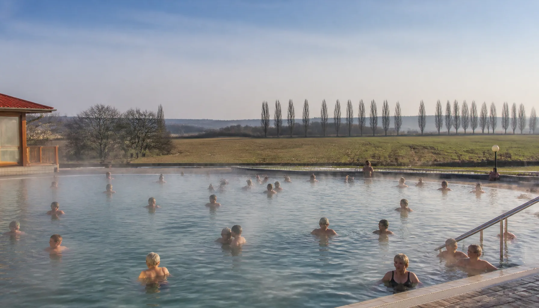 The thermal pools at Podhájska in the farmed country of the Hron uplands