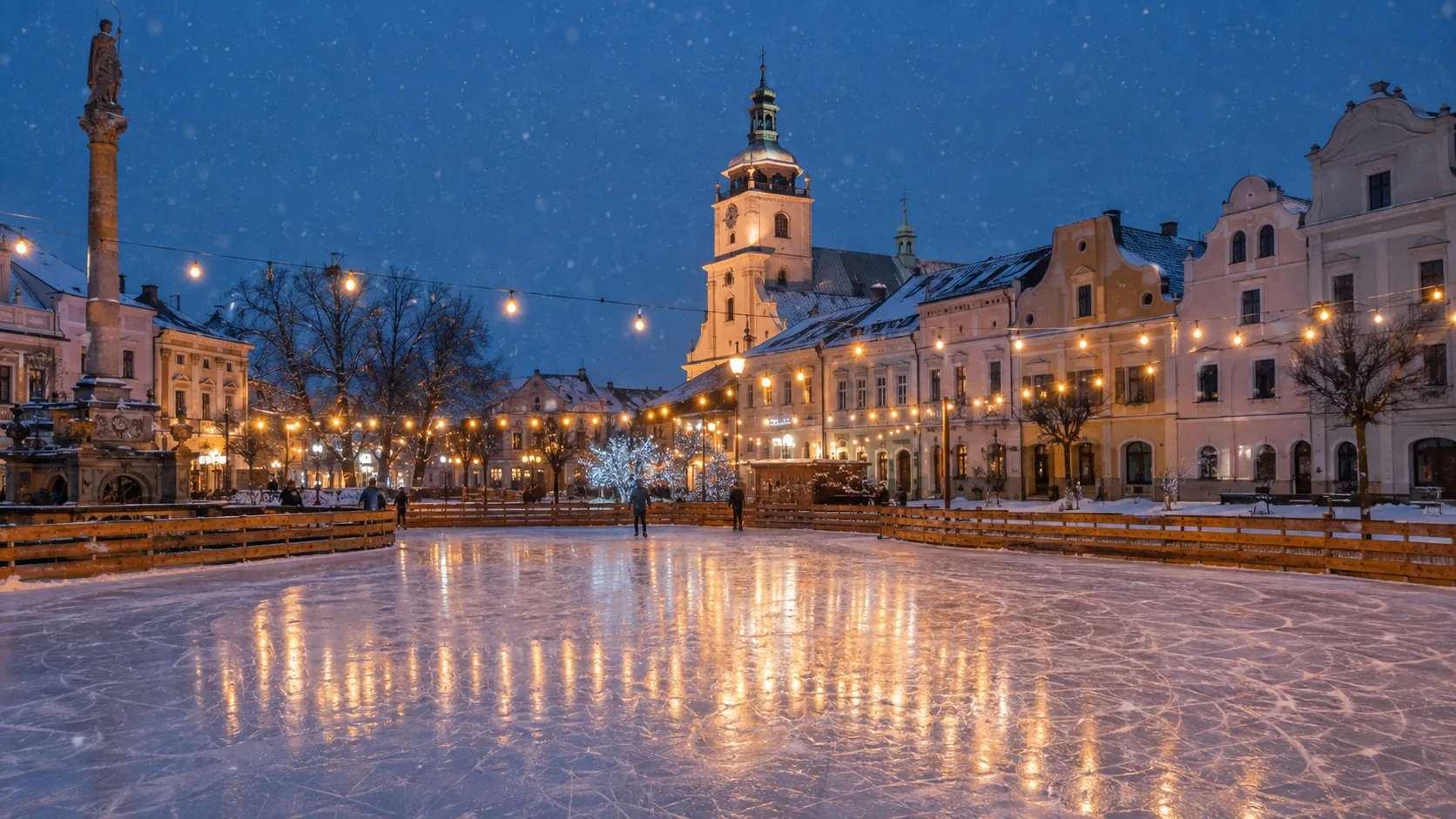 An outdoor rink on a Slovak town square on a December evening