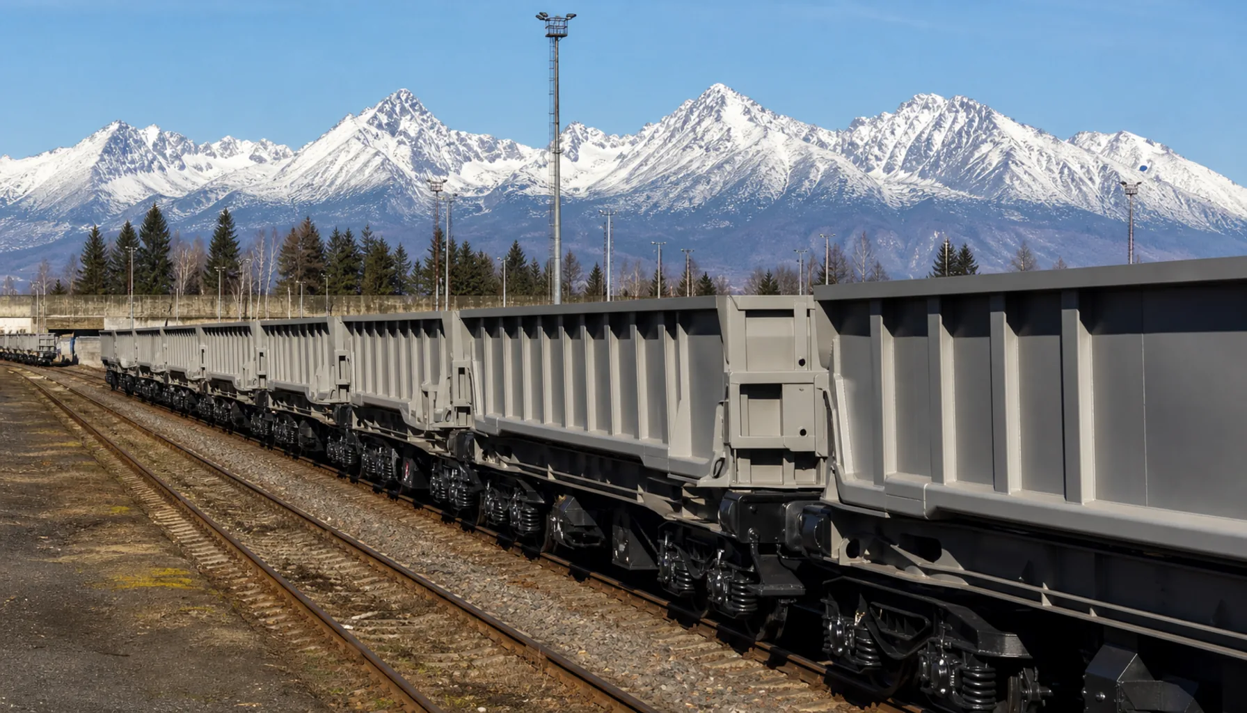 Newly built freight wagons stand in rows on factory sidings at Poprad, the High Tatras on the skyline behind