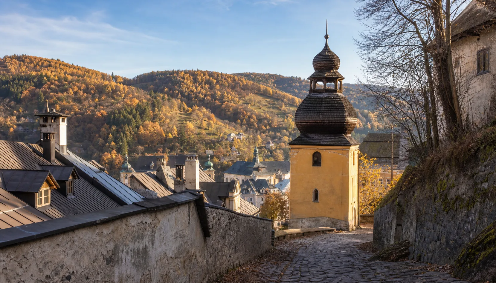 The Klopačka, the little tower whose wooden clapper once called the miners of Banská Štiavnica to their shift, on a lane above the old town