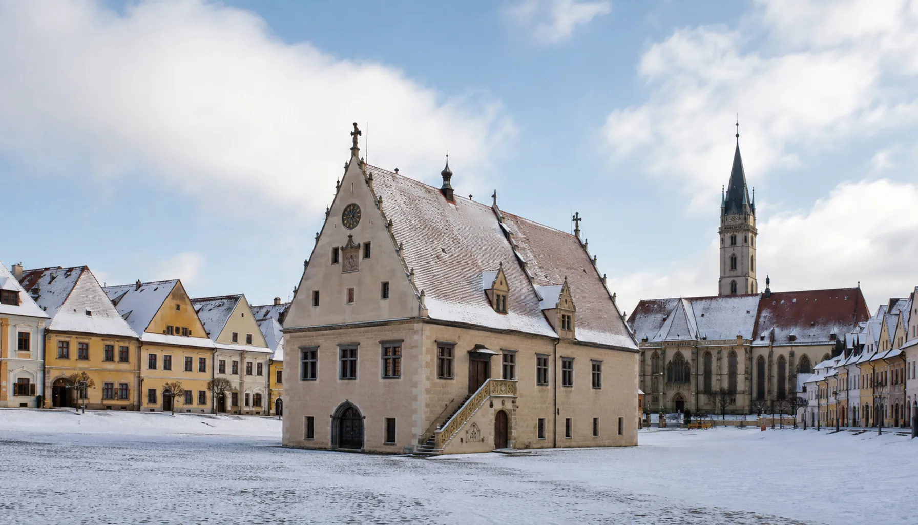 The free-standing town hall in the middle of Bardejov's medieval square, with the tower of St Giles beyond