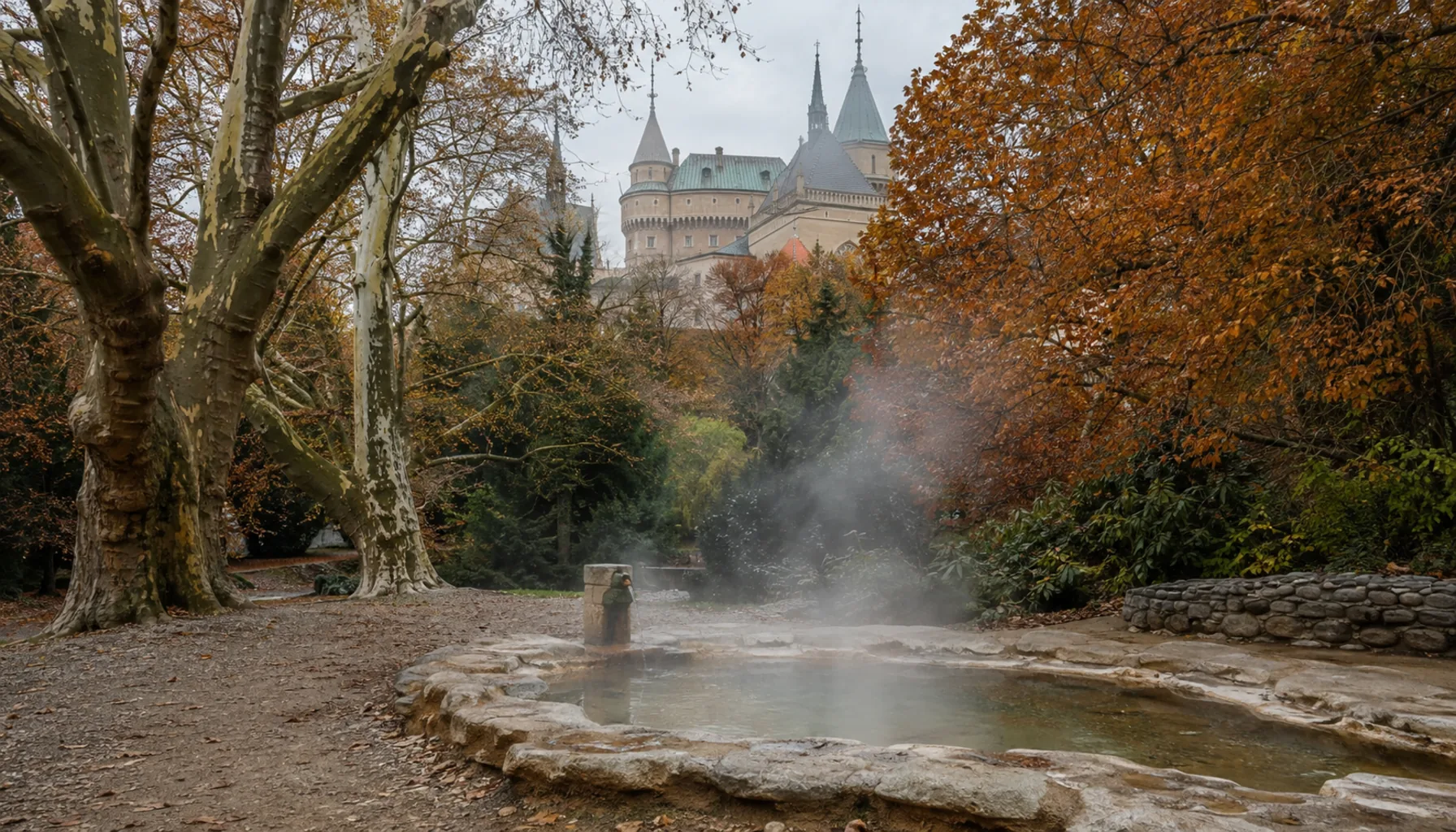 The spa park at Bojnice, laid out on the travertine the warm springs built, with the château's turrets above the trees