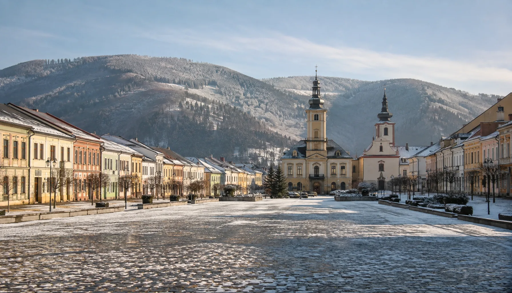 Brezno's long market square, wide enough to hold a fair, with the town hall of 1779 at its head under the Low Tatras