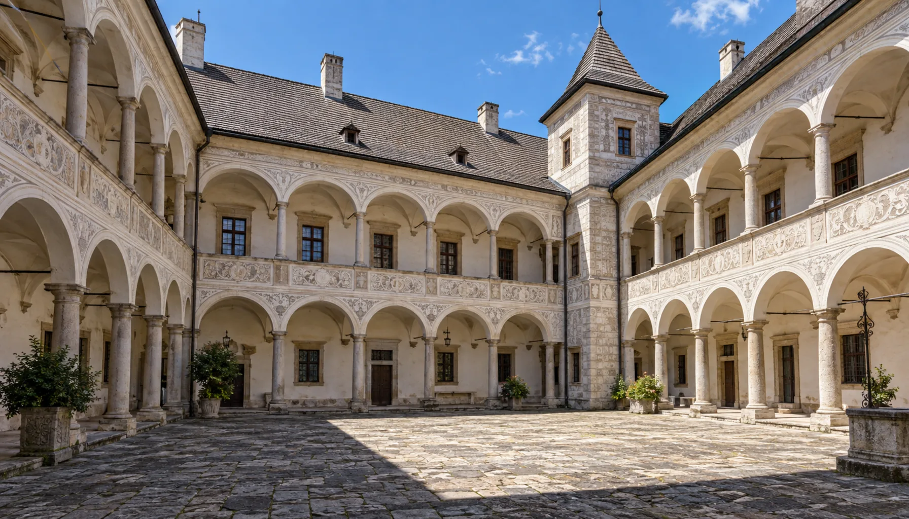 The arcaded courtyard of the Renaissance chateau at Bytča, two tiers of round-headed arches on all four sides