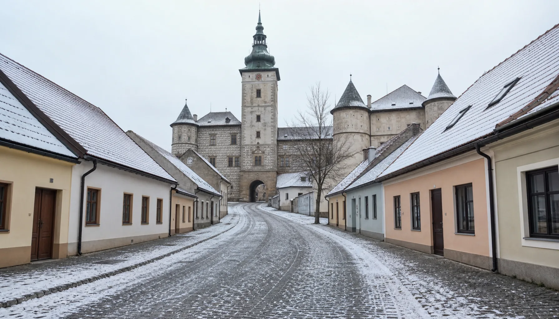 The street front of Bytča with the chateau's gate tower closing the view