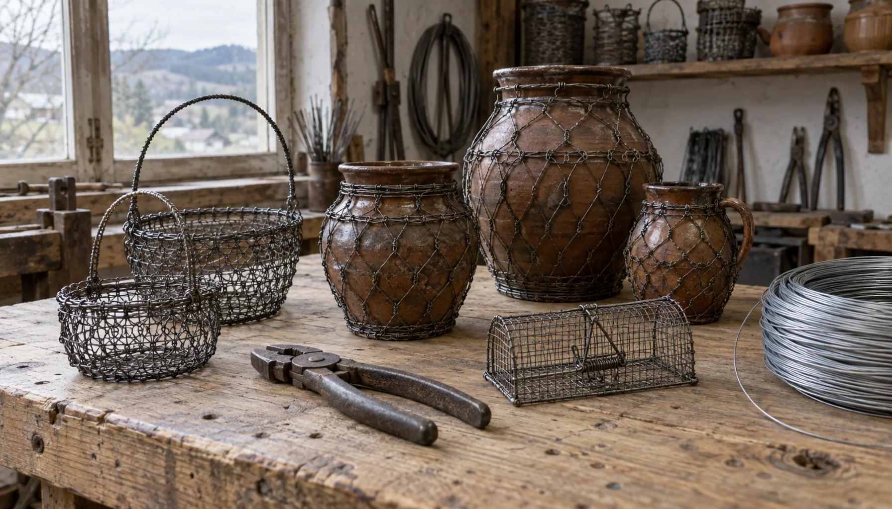 Wire-work from the Kysuce: earthenware pots bound in wire, wire baskets and a tinker's pliers, the craft the men of this valley carried across Europe