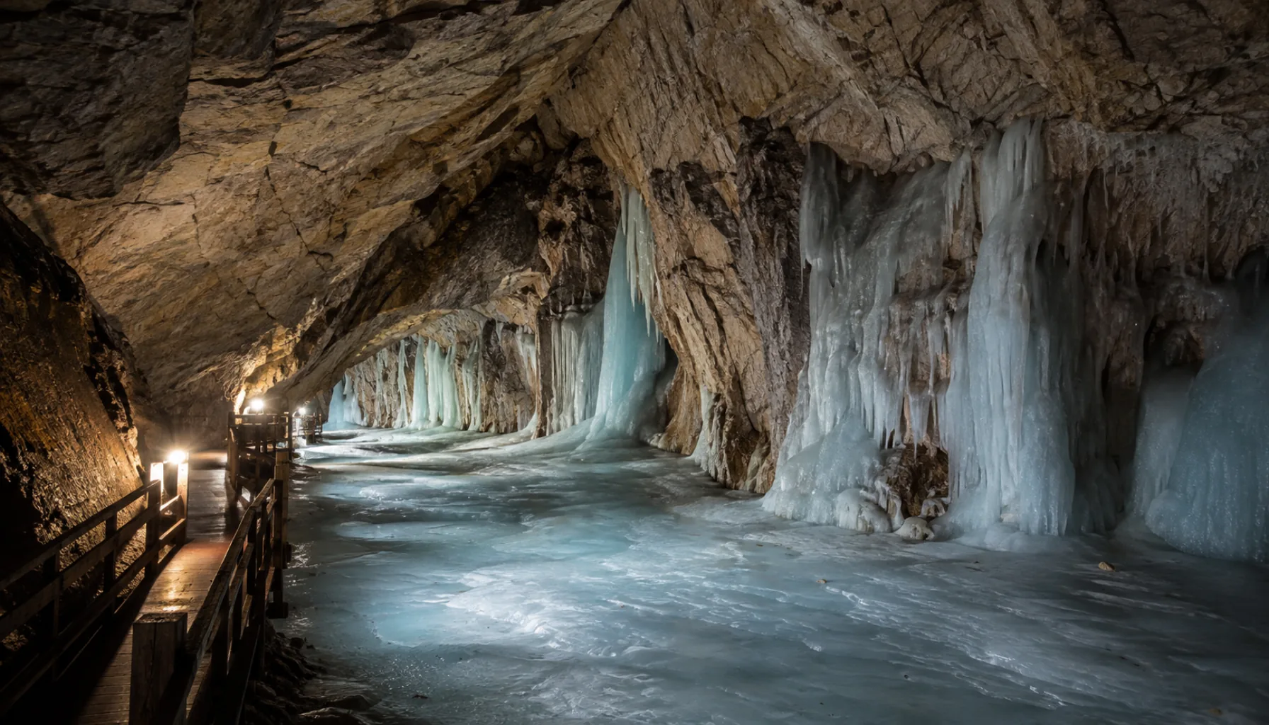 The ice floor and frozen columns of the Dobšiná Ice Cave, lit by electric light since 1887