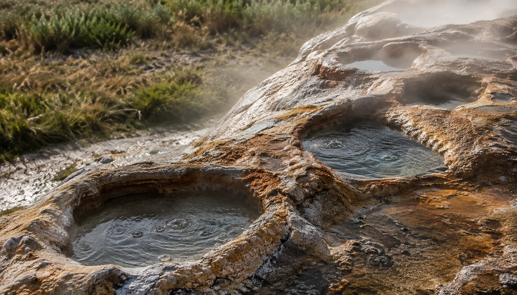 Basins cut into the travertine at the Dudince springs, known locally as the Roman baths, still filling with warm mineral water