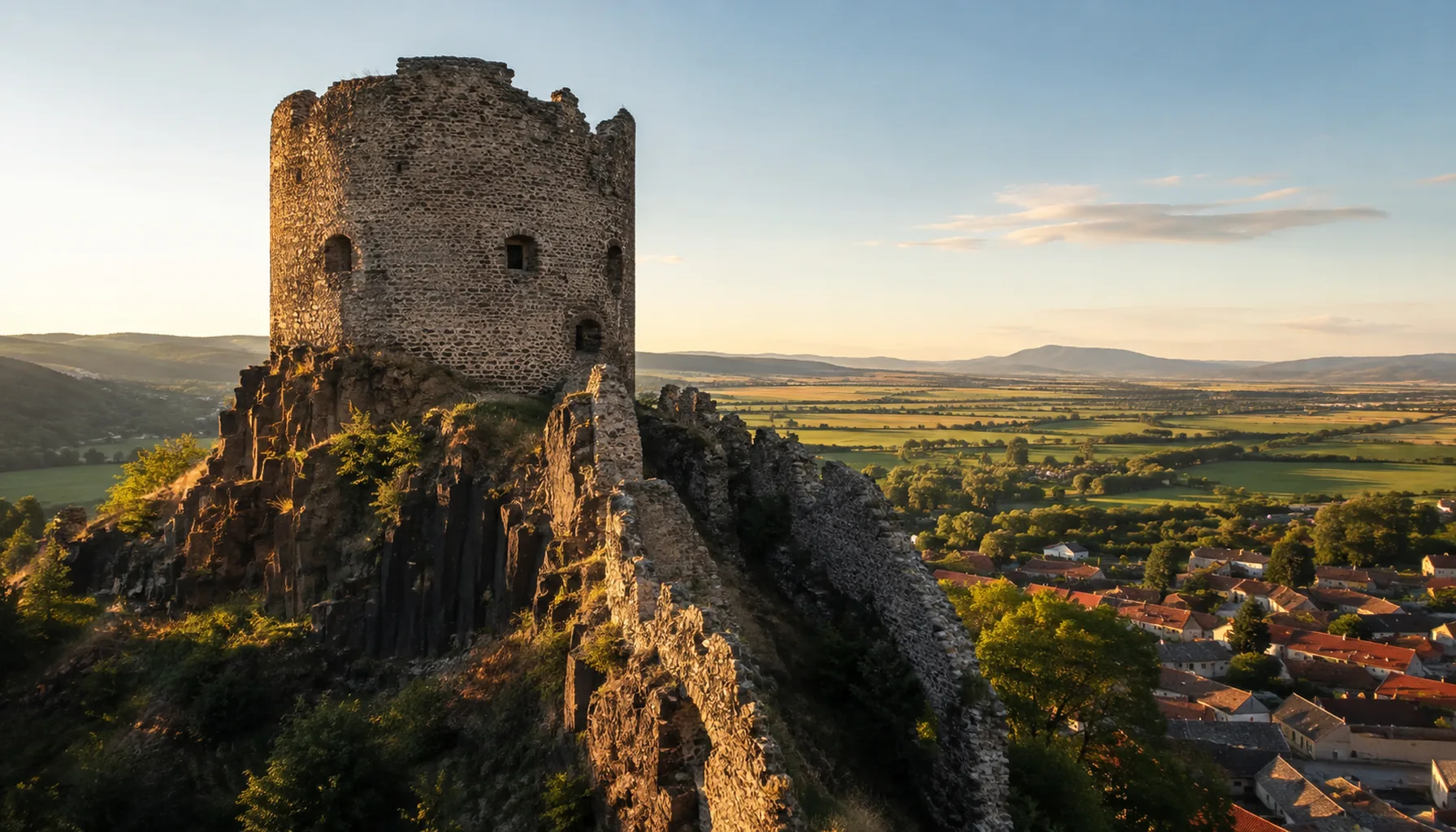 The round Bebek bastion on Fiľakovo's basalt castle rock, the largest surviving piece of the fortress, standing over the roofs of the town