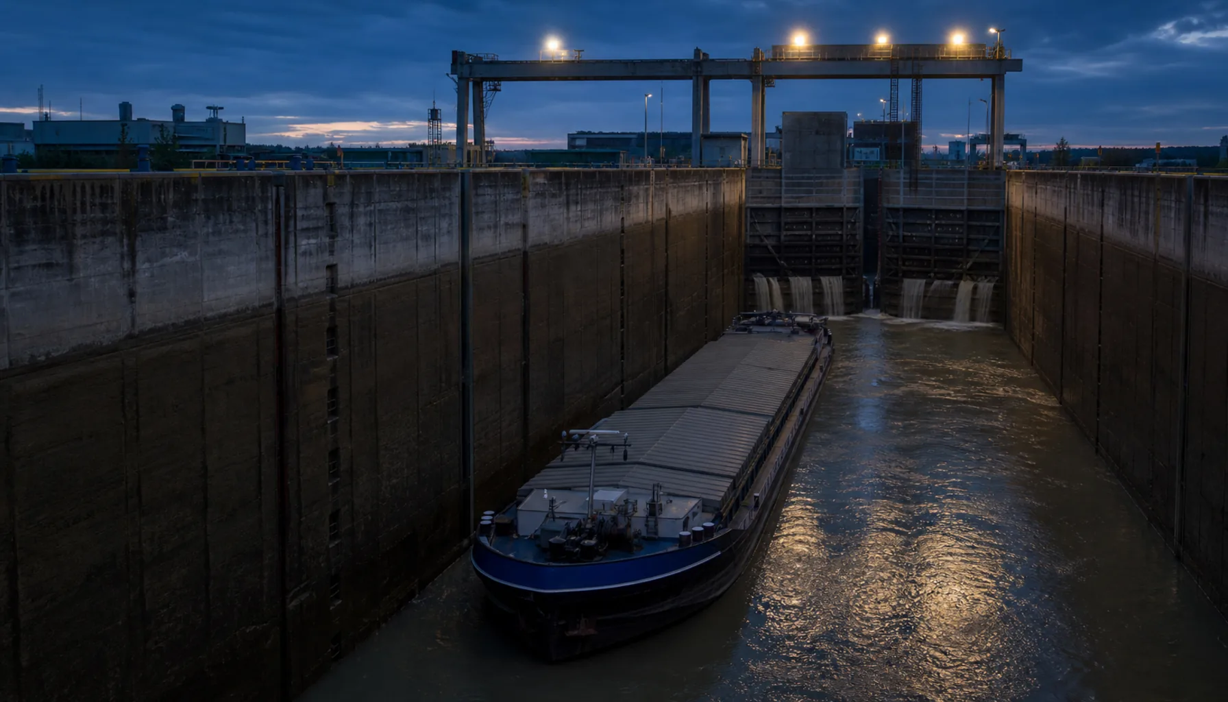 A loaded barge in one of the two lock chambers of the Gabčíkovo barrage on the Danube, at dusk