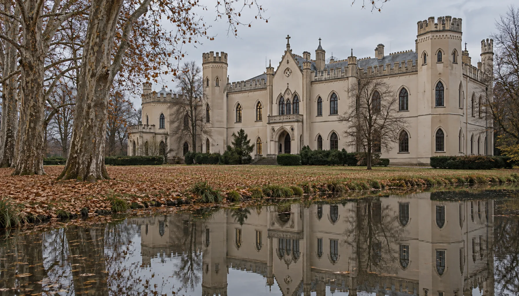 The neo-Gothic Esterházy château in Galanta, seen across its park in November