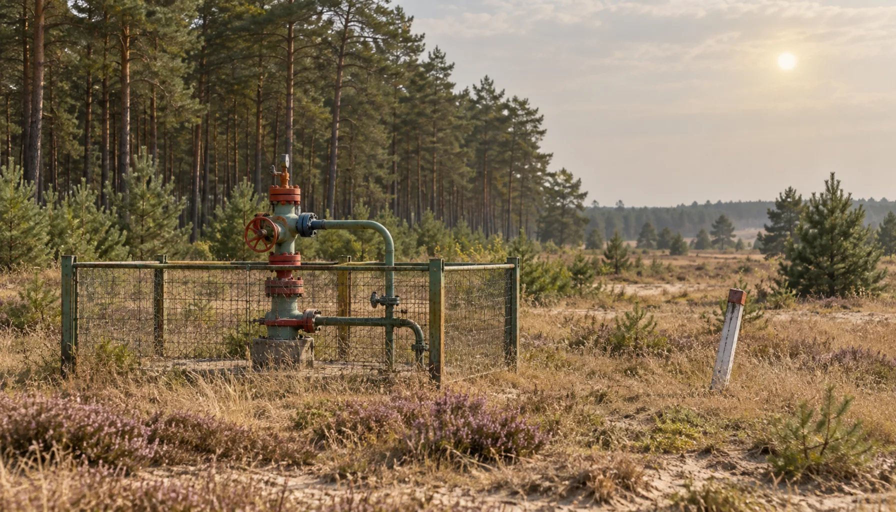 A gas wellhead in the stubble at the edge of the pine woods outside Gbely, where oil and gas were struck around 1913 and gas is now stored underground