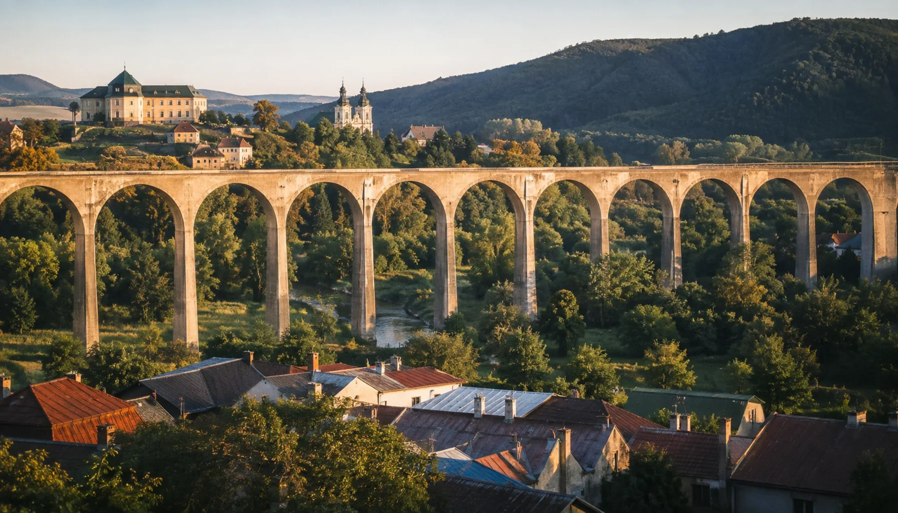 The railway viaduct built in the early 1940s striding across the valley above the roofs of Hanušovce nad Topľou