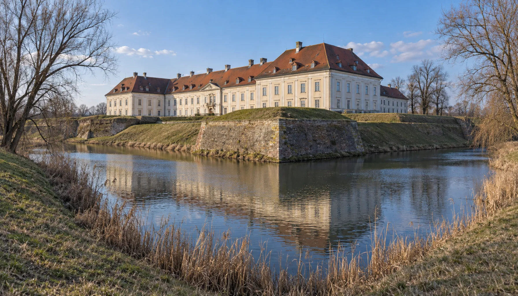 The Holíč château from its earth bastions and moat: a Baroque residence built on the plan of the low fortress it replaced
