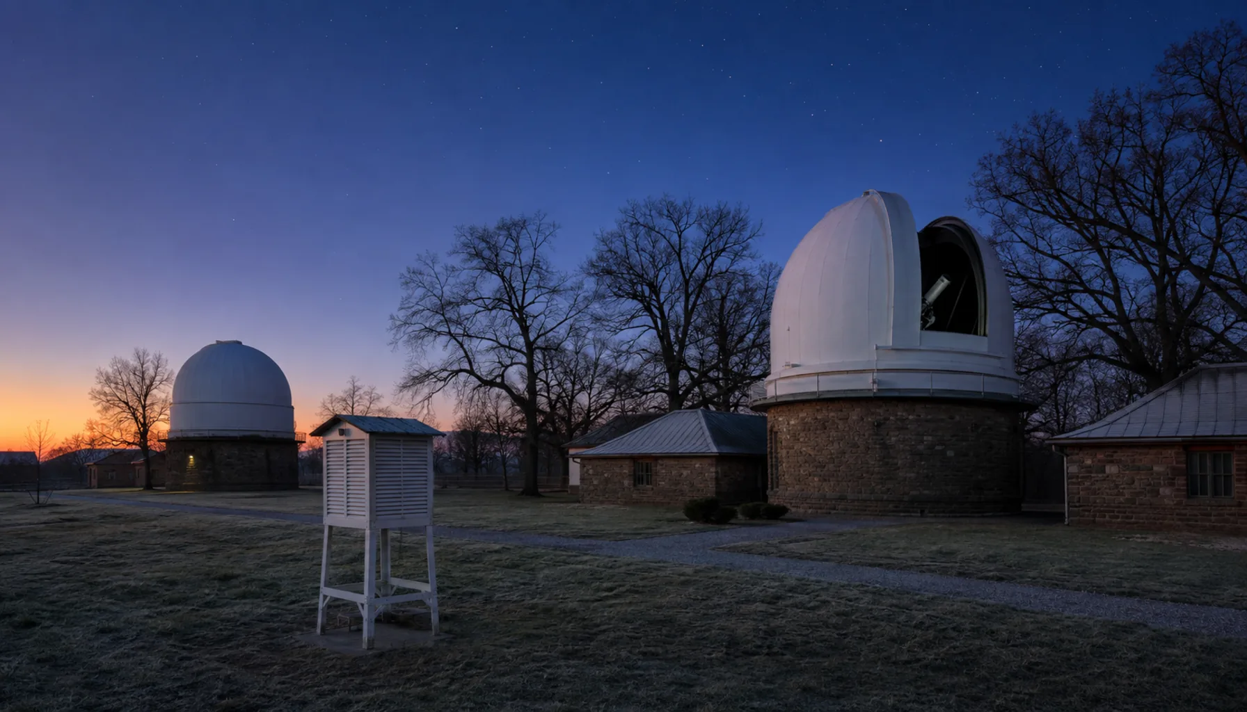 The domes of the old observatory in its park at Hurbanovo, where the weather has been measured without a break since the 1870s