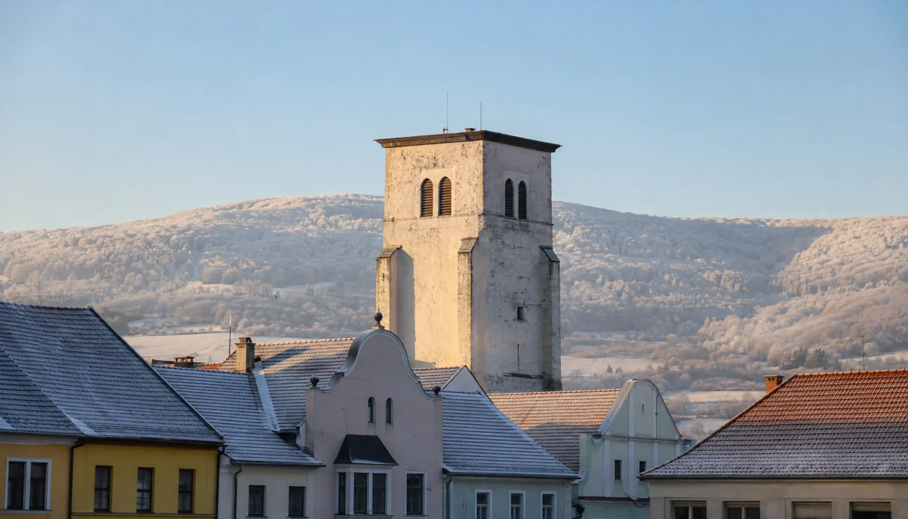 Ilava's town tower, which lost its Baroque roof in the fire of 1894 and was never re-roofed to the old shape, over the frosted roofs of the square
