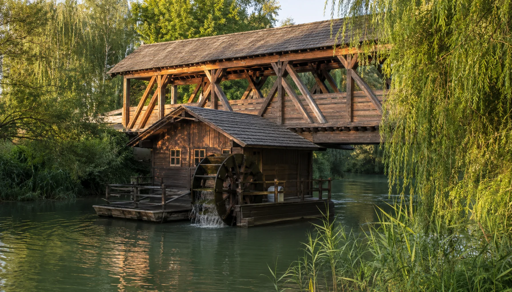 The covered wooden footbridge over the Little Danube at Kolárovo, with the replica floating mill moored below it
