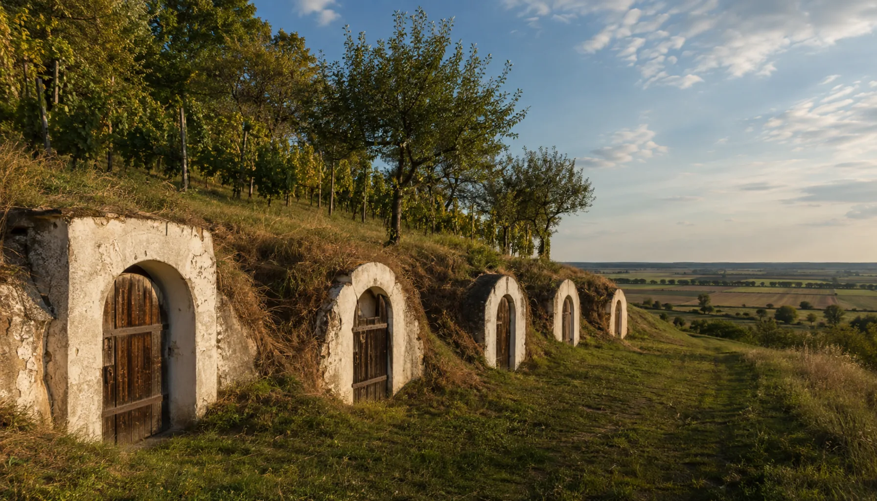 Cellar doors cut into the Chlmec hills above Kráľovský Chlmec, with vines and orchards on the slope over the plain