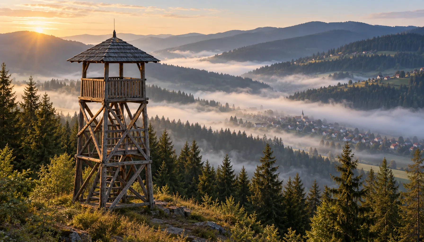 The wooden lookout tower above Krásno nad Kysucou, over the standard Kysuce view: parallel ridges, spruce on the tops and hamlets on the shoulders