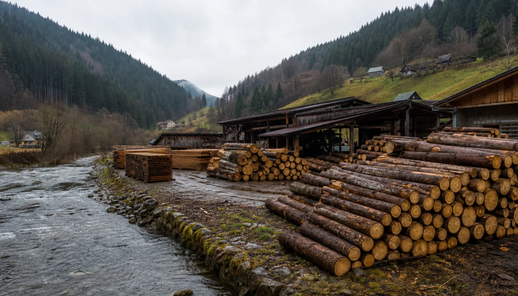 Stacked spruce timber on the valley floor at Krásno nad Kysucou