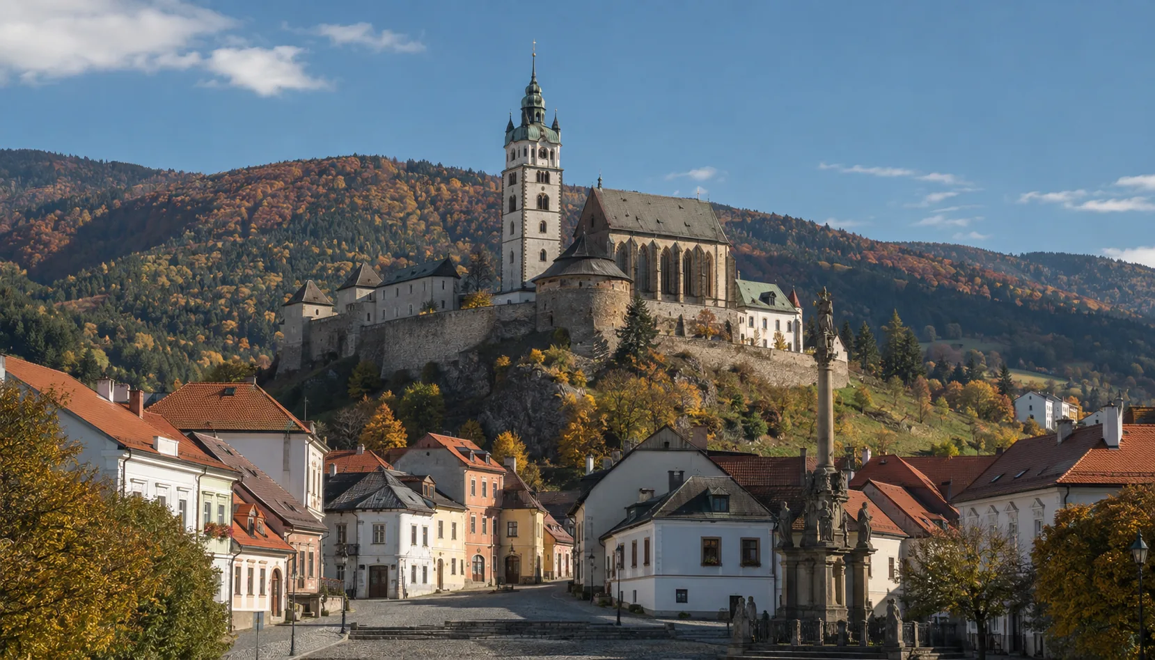 The walled town castle of Kremnica above the square, with the tower of St Catherine's