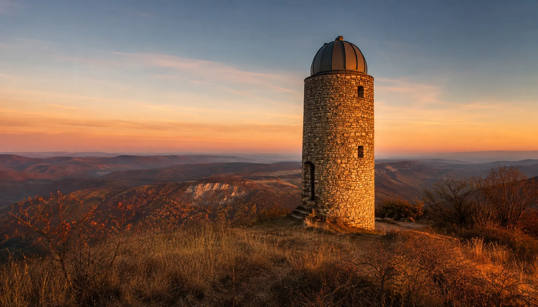 The Vartovka on the hill above Krupina, a stone watchtower of 1564 built to pass on a warning, fitted out today as a small observatory