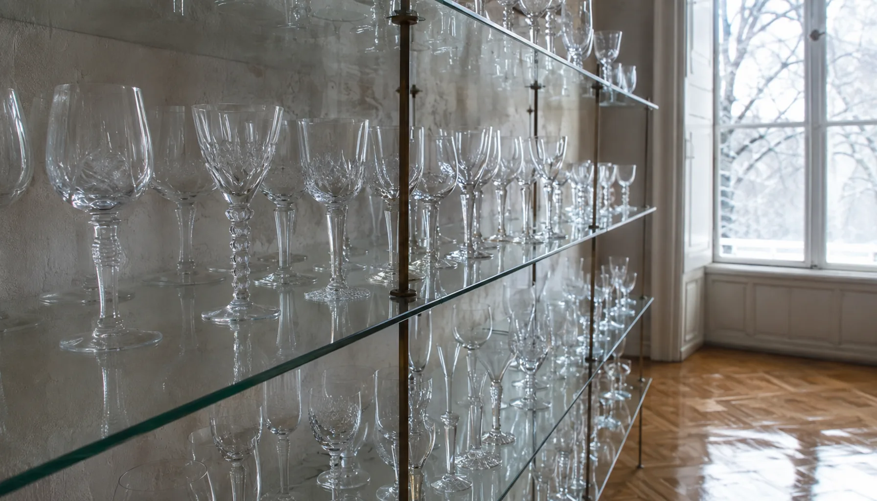 Hand-blown stemware on the shelves of the glass museum in the Lednické Rovne manor house, lit by a tall window on a winter afternoon