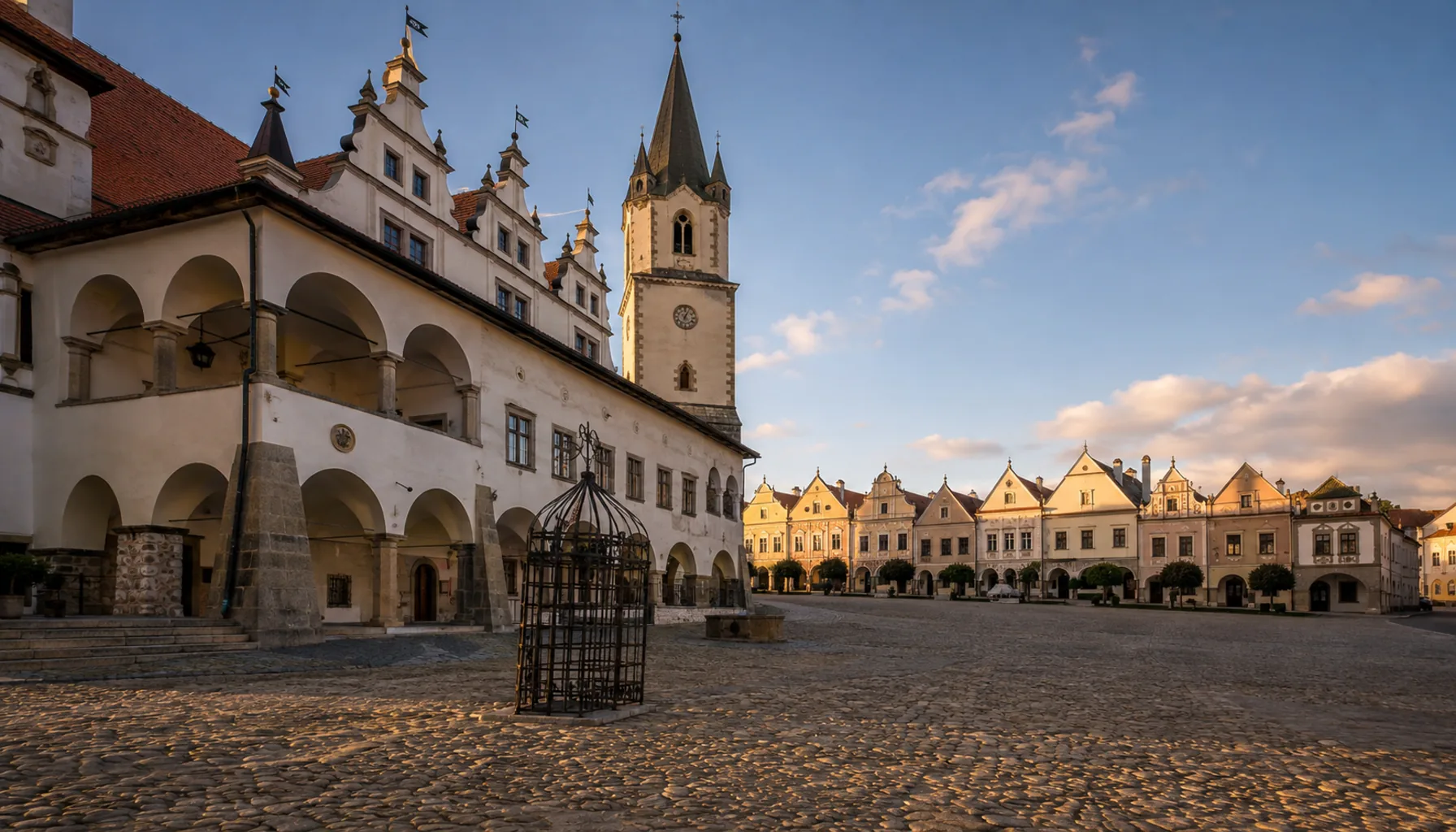 The arcaded Renaissance town hall on Levoča's square, with the seventeenth-century iron cage of shame standing on the cobbles beside it