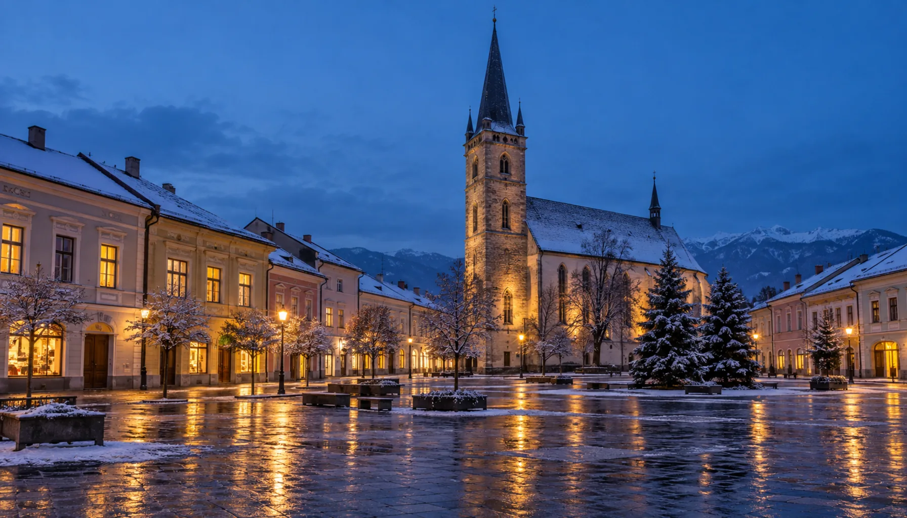 The tower of the church of St Nicholas, which gave Liptovský Mikuláš its name, over the main square at dusk