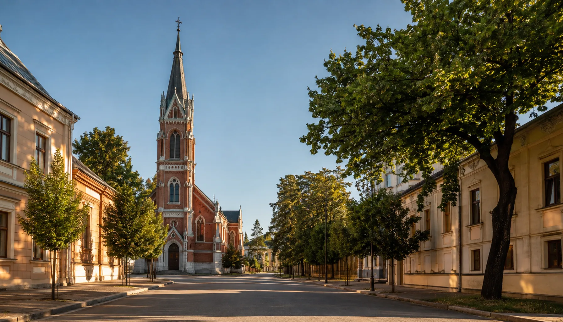 The tall tower of Lučenec's Calvinist church over the wide streets the town was rebuilt with after the fire of 1849