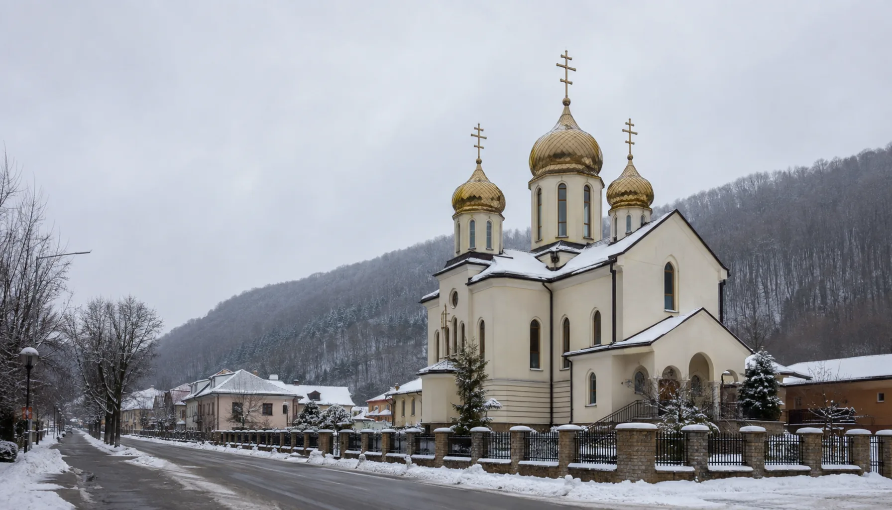 The Orthodox church with its onion domes on the main street of Medzilaborce, under the wooded ridges of the Low Beskids
