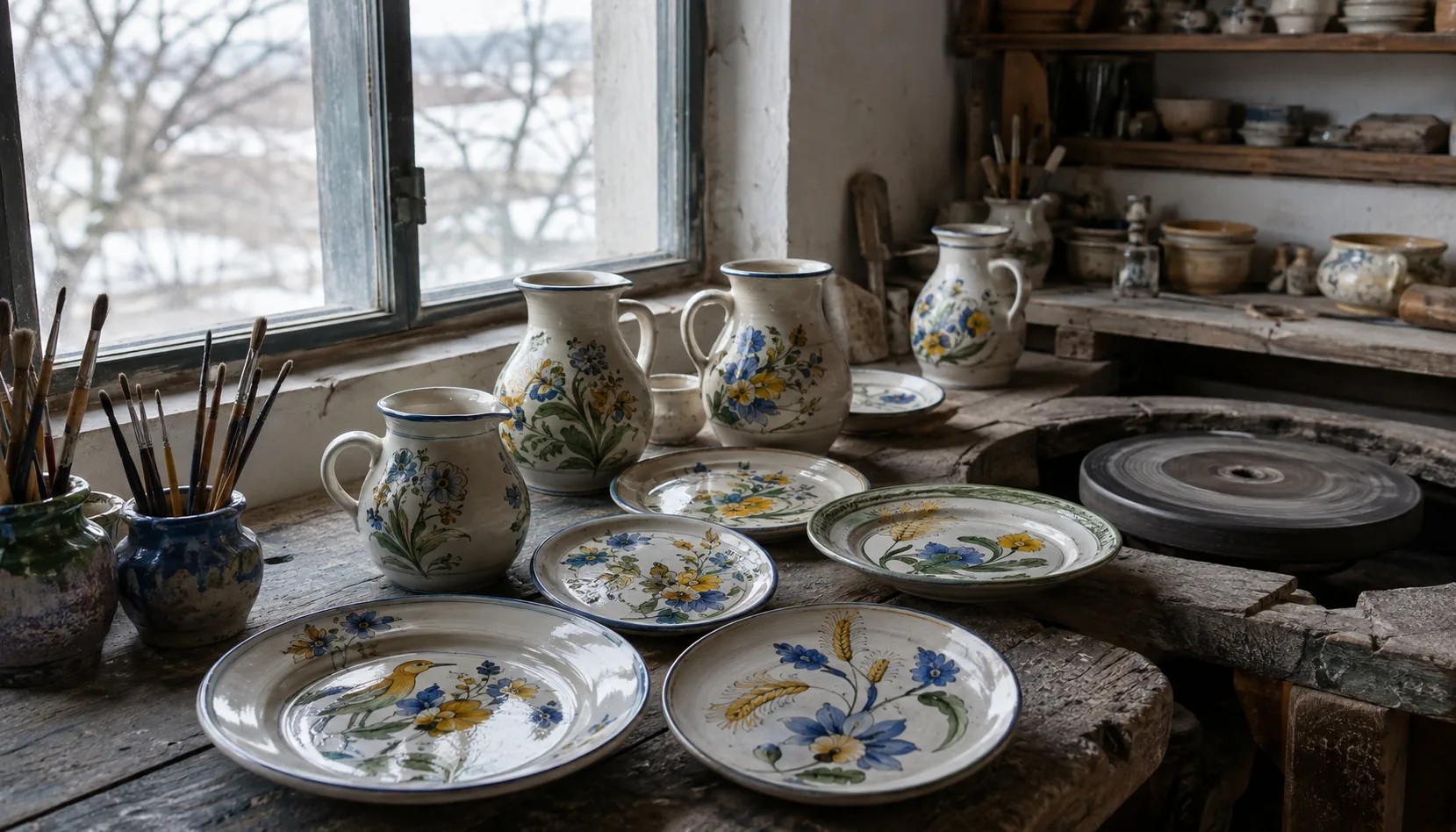 Hand-painted Modra majolika drying in the workshop: white tin glaze with the town's yellow, blue and green flowers