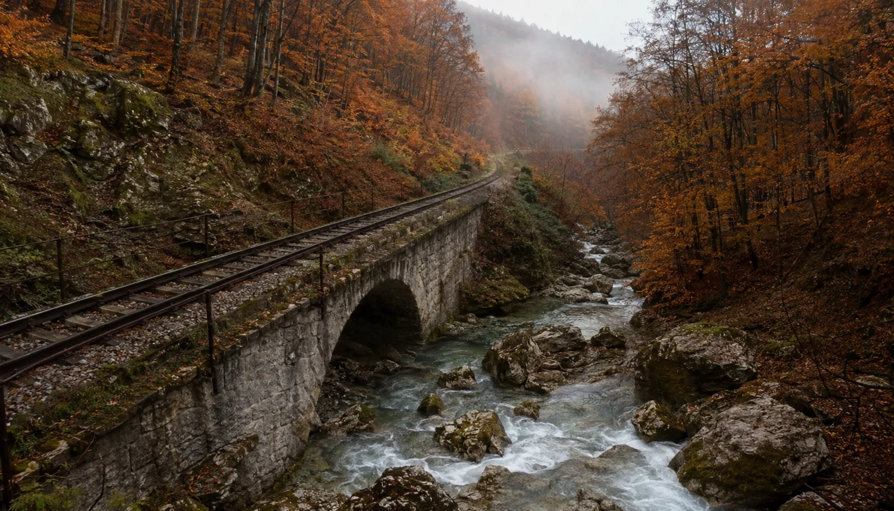 The railway climbing the wooded Vlára valley above Nemšová towards the pass into Moravia, on a misty November morning