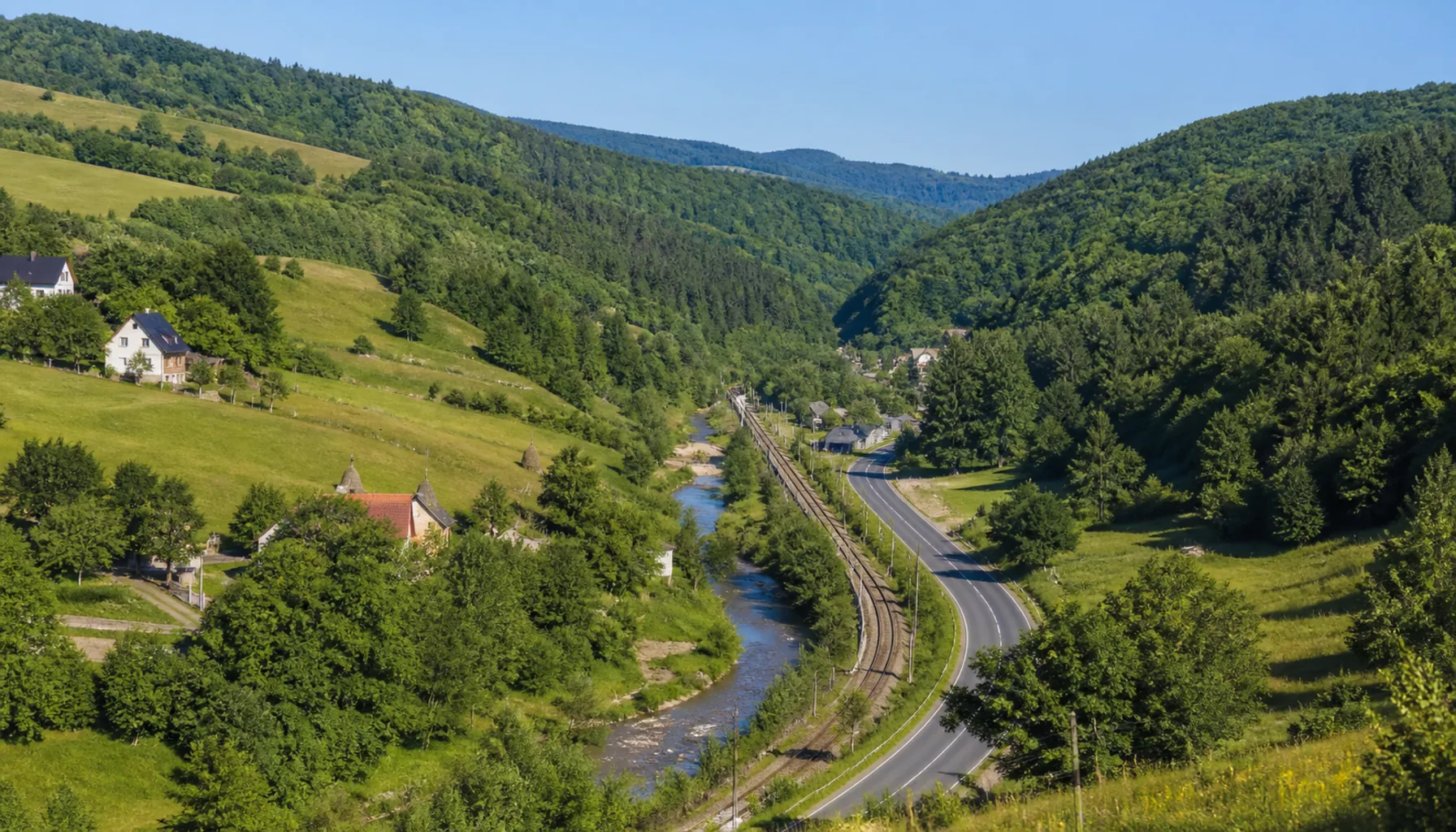 The mouth of the Vlára valley above Nemšová, where road and railway cross into Moravia