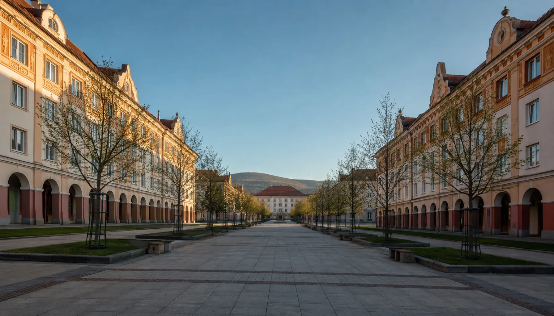 The arcades and sgraffito of Mierové námestie, the socialist-realist square Jiří Kroha laid out at the centre of Nová Dubnica