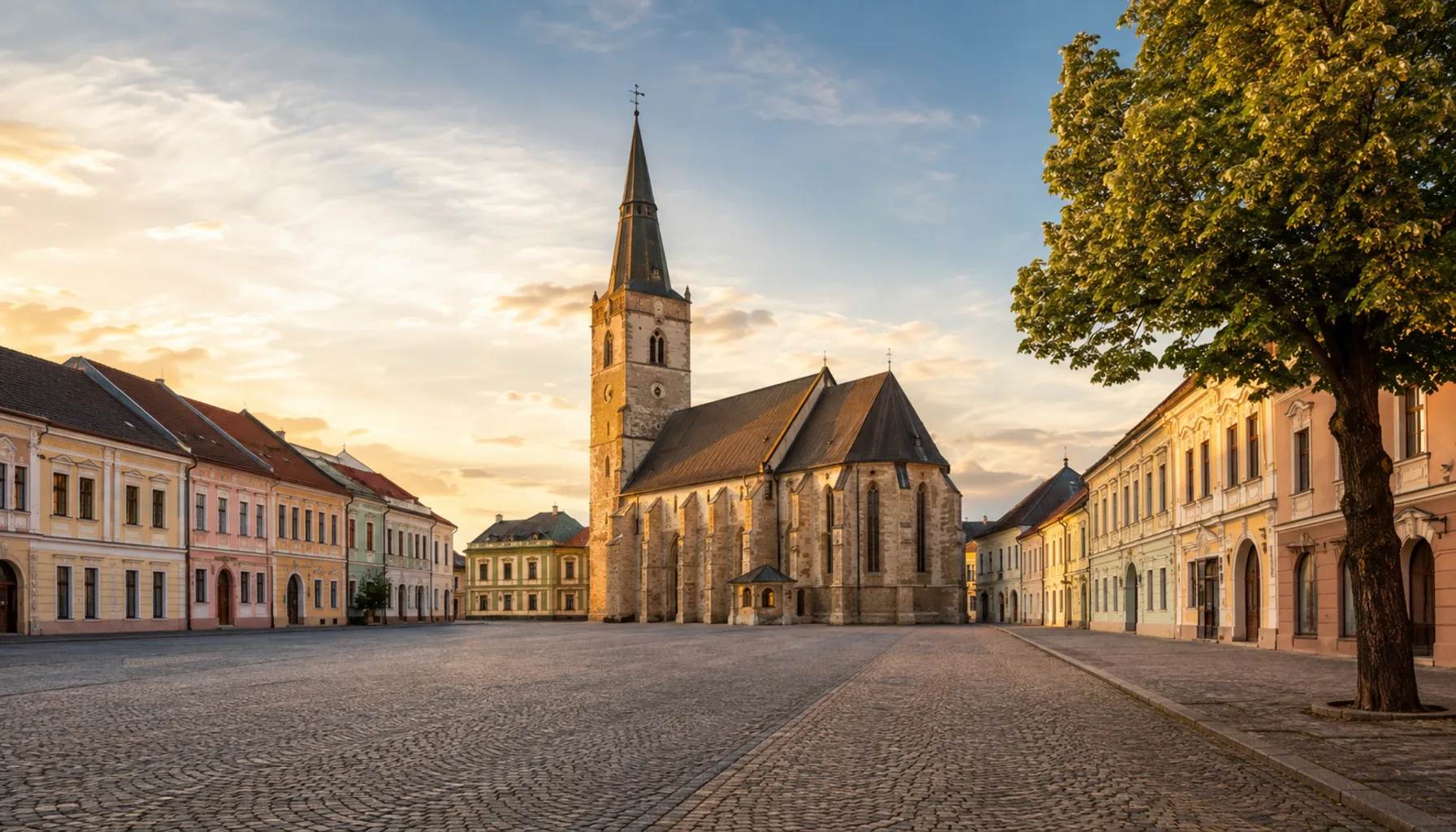 The Gothic parish church of the Nativity of the Virgin Mary at the head of the long market square in Nové Mesto nad Váhom, on a June evening