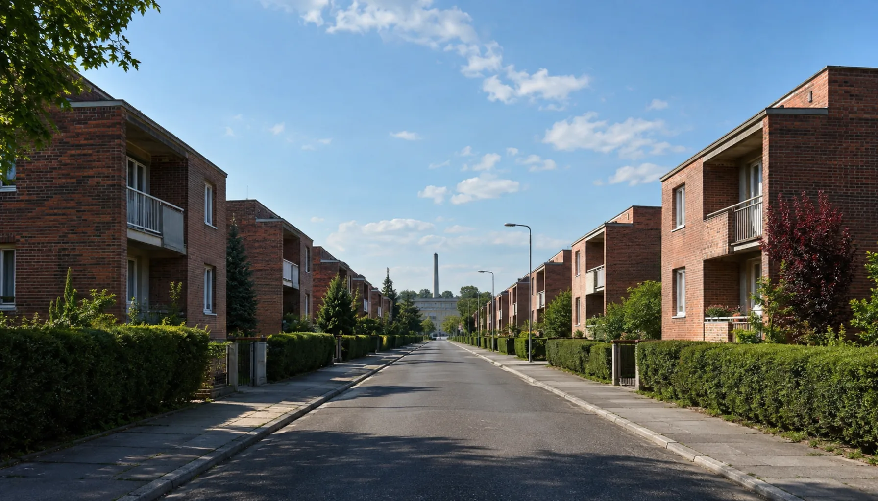 A street of standardised red-brick Baťa houses in Partizánske, built from 1938 on the grid of the company town then called Baťovany