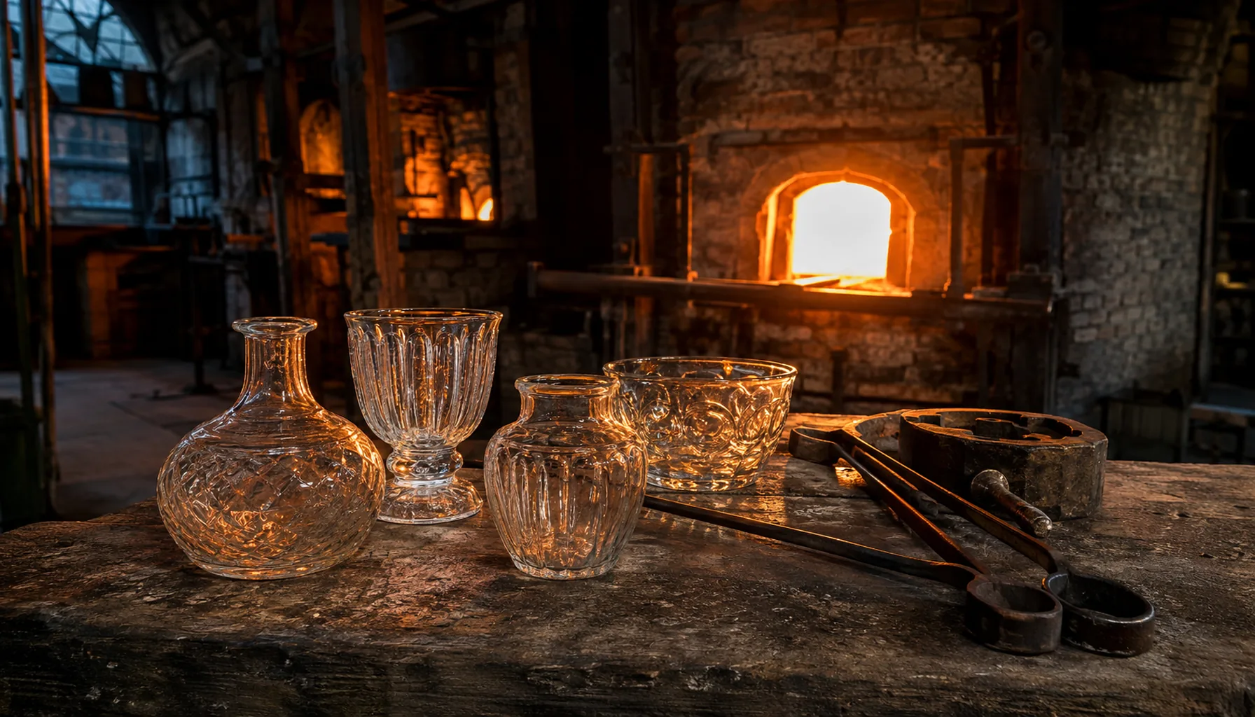 Hand-blown and pressed glass cooling on a workshop bench at Poltár, the trade the Novohrad forests supported up and down these valleys
