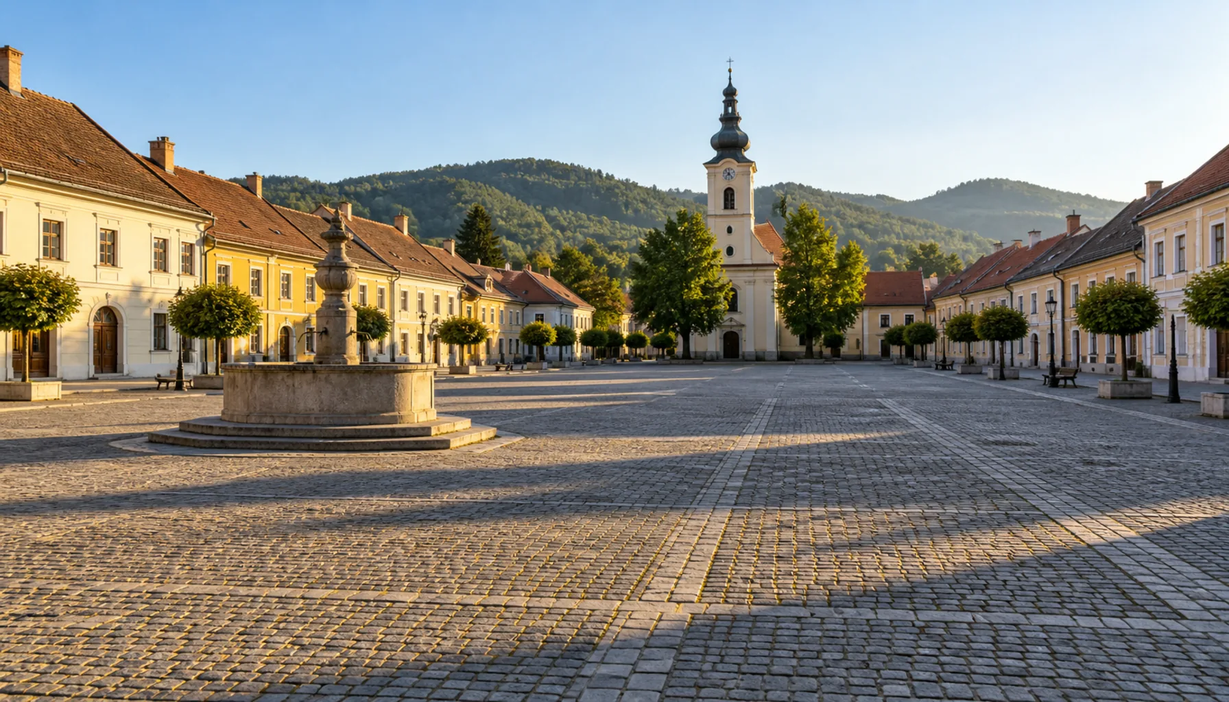 Rajec's broad market square, low burgher houses on all four sides with the parish church closing the view — a small market town's plan preserved almost intact