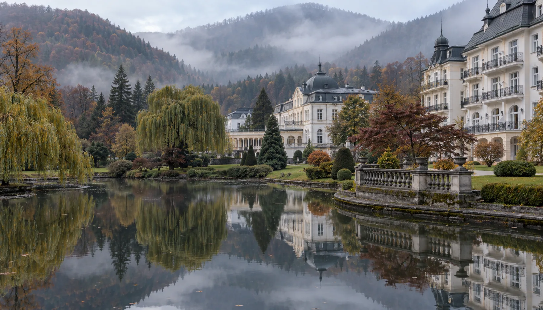 The lake and spa park in front of the bath houses at Rajecké Teplice, under mist on a late autumn morning