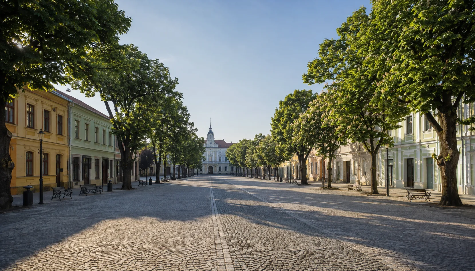 Rimavská Sobota's enormous main square, laid out to a plan after the fire of 1506 and closed at one end by the town hall