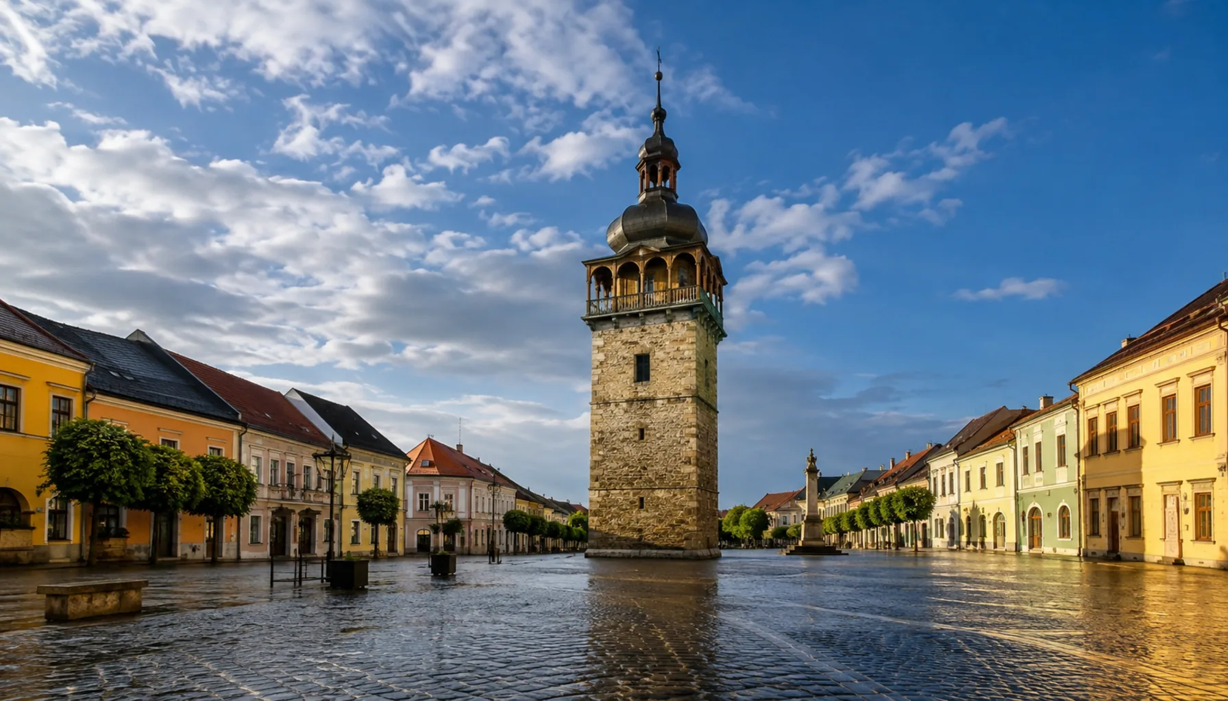 The watchtower standing alone in the middle of Rožňava's square, built as a lookout and fire tower in the 1640s