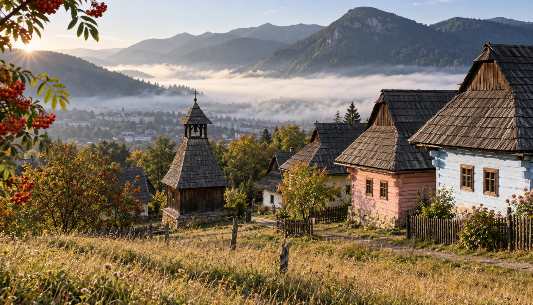 Vlkolínec, the log village on the Veľká Fatra hillside that lies inside Ružomberok's own boundary, shingle roofs over lime-washed walls