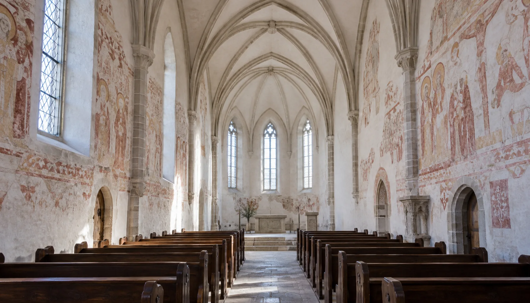 The medieval wall paintings in the Reformed church at Šamorín, uncovered on the plain whitewashed walls of its Gothic nave