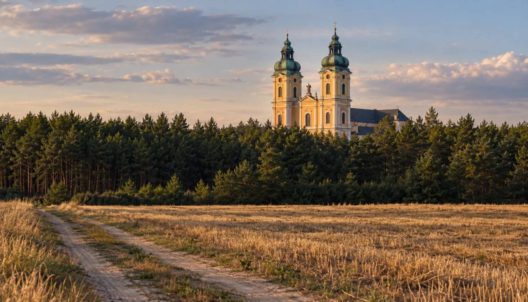 The two towers of the Basilica of the Seven Sorrows rising over the pine woods of the Záhorie plain