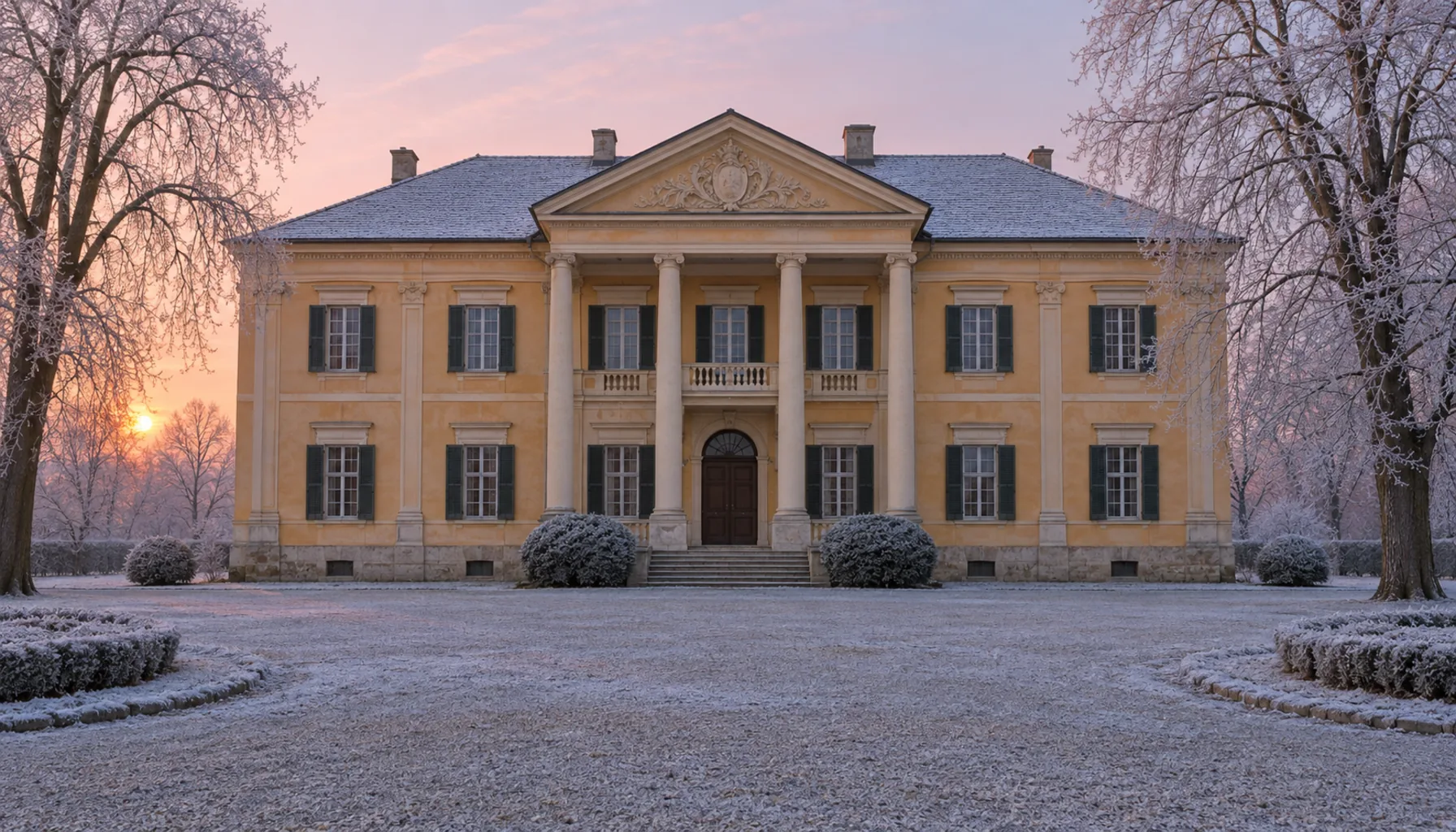 The classicist manor house in Senica, home of the Záhorie Gallery, on a frosty winter morning